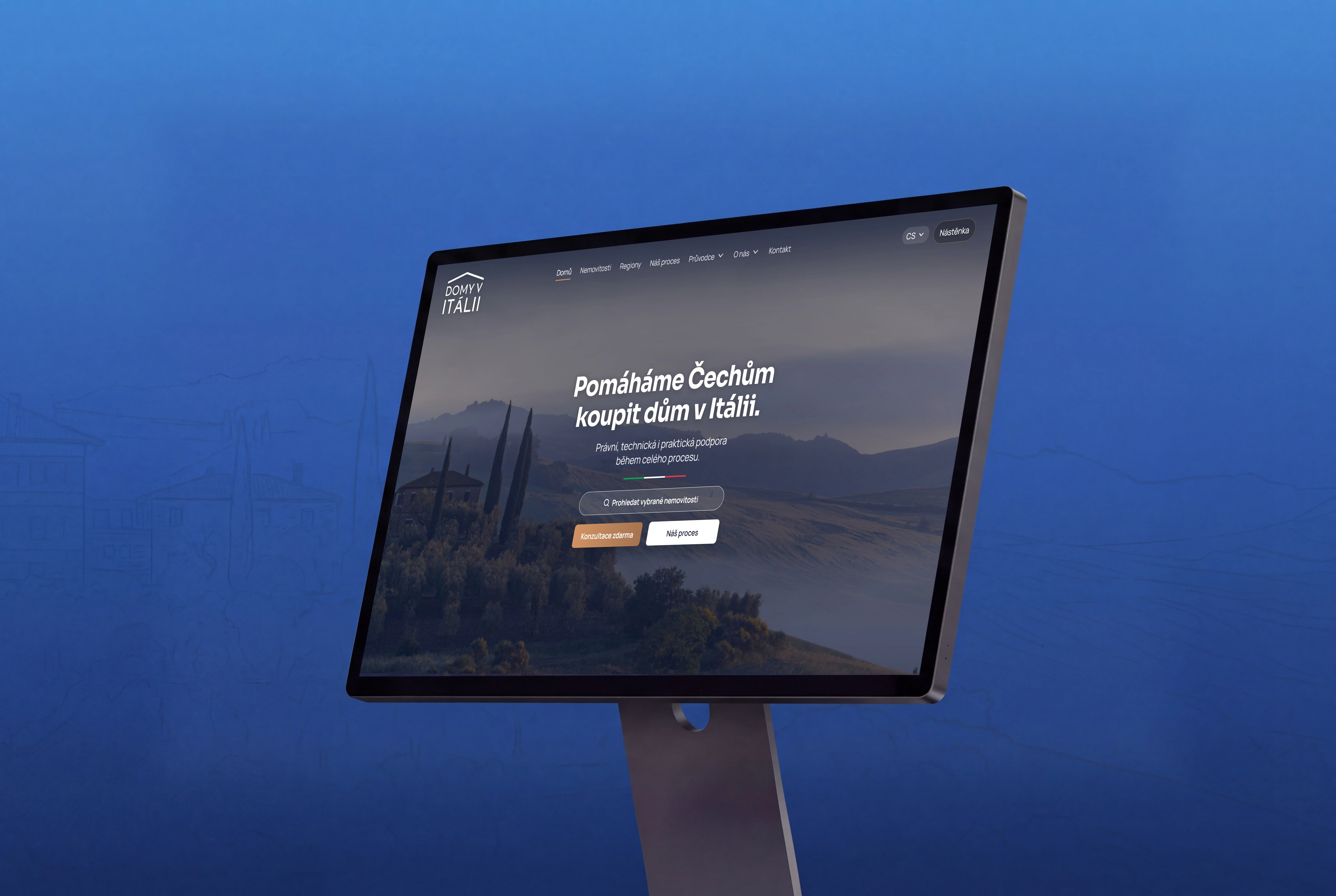 Domy v Itálii, web na monitoru
